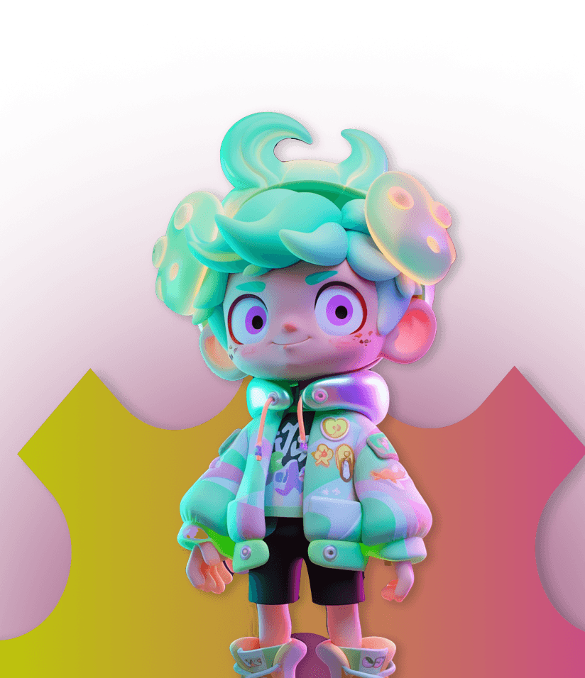 personagem colorido, com cabelos e roupa verde neon